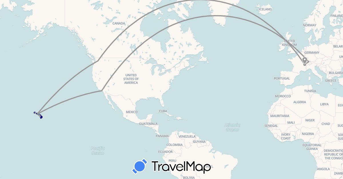 TravelMap itinerary: driving, bus, plane, hiking, boat, hitchhiking in Switzerland, United States (Europe, North America)